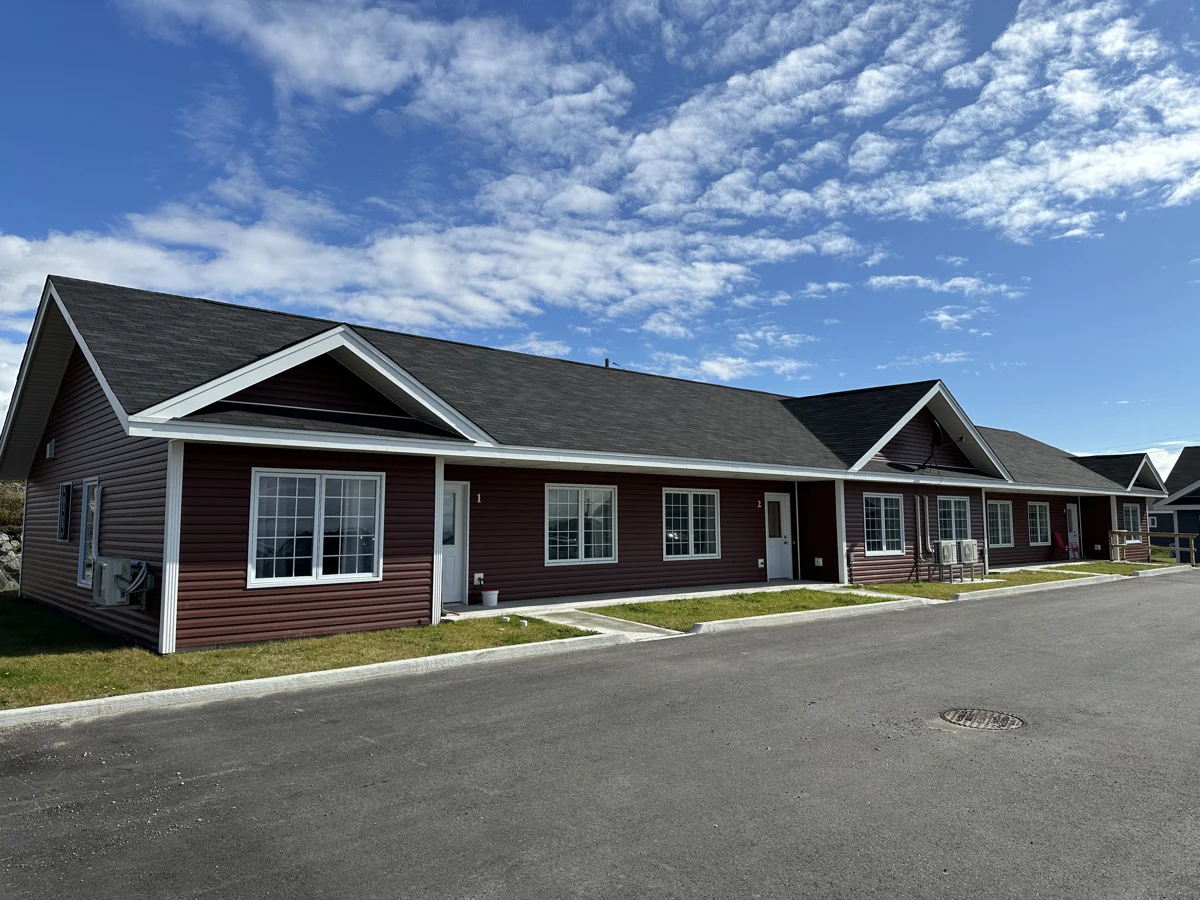 Completed housing buildings with paved access and landscaped frontage